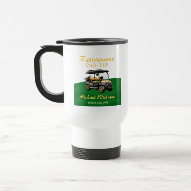 Retirement Elegant Golf Theme Cart Green Gold Travel Mug (Left)