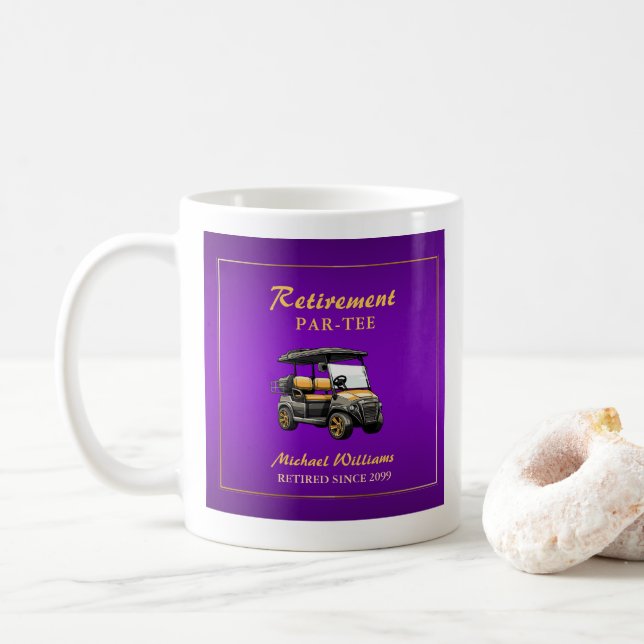 Retirement Elegant Golf Theme Cart Purple Gold Coffee Mug (With Donut)