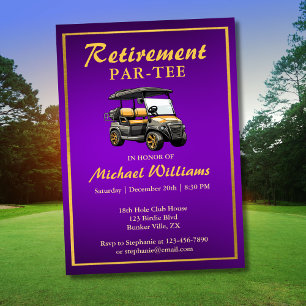 Retirement Elegant Golf Theme Cart Purple Gold Invitation