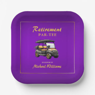 Retirement Elegant Golf Theme Cart Purple Gold Paper Plate