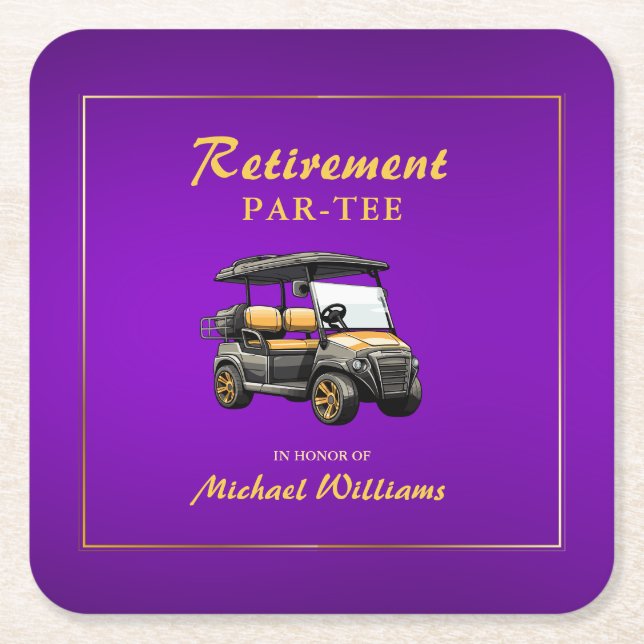 Retirement Elegant Golf Theme Cart Purple Gold Square Paper Coaster (Front)