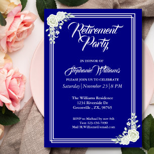 Retirement Elegant Script Blue White Rose Party Invitation