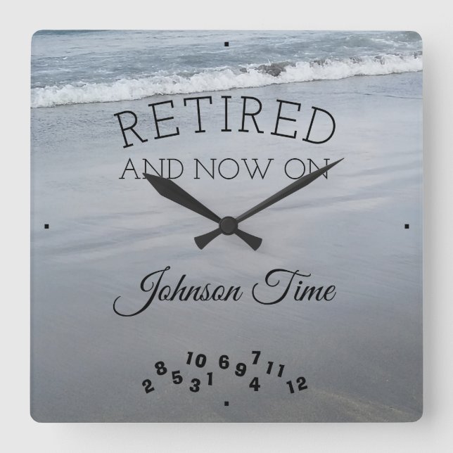 Retirement Family Name Celebrate Sand Beach Photo Square Wall Clock (Front)