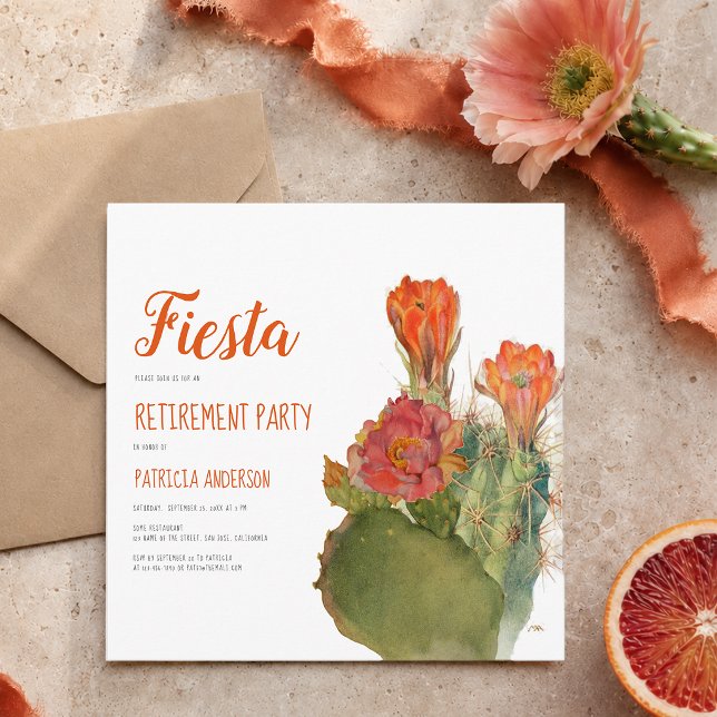 Retirement Fiesta Cactus Floral Watercolor Script Invitation (Creator Uploaded)