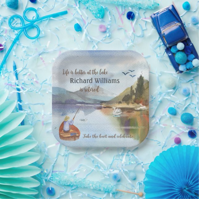 Retirement fishing at the lake watercolor paper plate (Party)