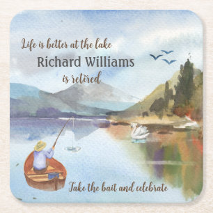 Retirement fishing at the lake watercolor square paper coaster