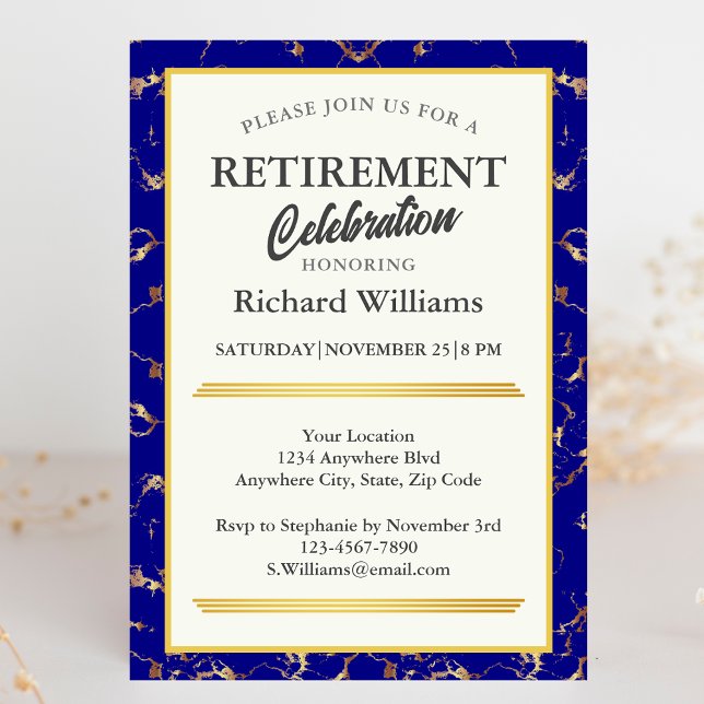 Retirement Formal Blue Gold Marble Celebration Invitation (Creator Uploaded)