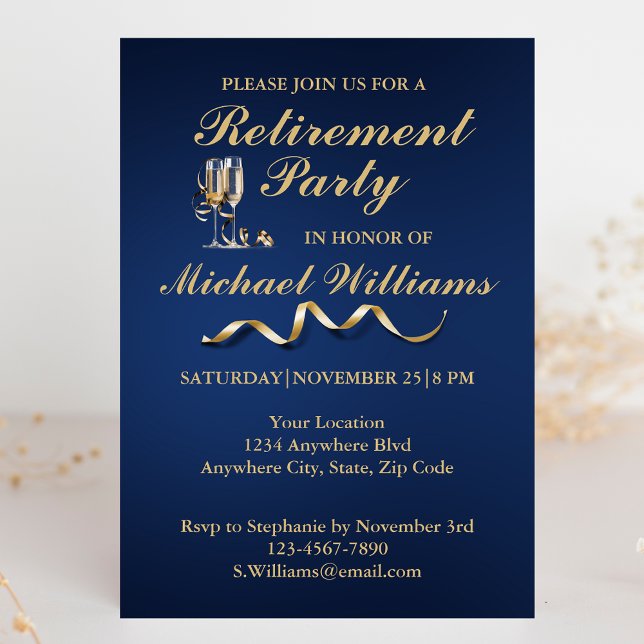 Retirement Formal Classic Champagne Glass Blue Invitation (Creator Uploaded)