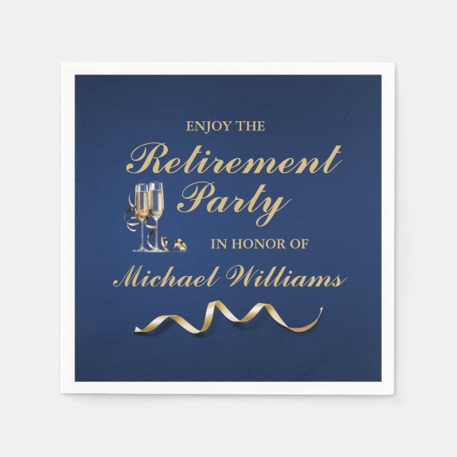 Retirement Formal Classic Champagne Glass Blue Napkin (Front)