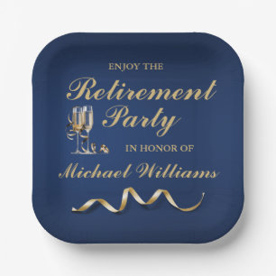 Retirement Formal Classic Champagne Glass Blue Paper Plate