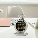 Retirement gold music notes black music teacher pocket watch<br><div class="desc">Simple and elegant retirement gift for a male or female music teacher! A classic black coloured background with faux gold music notes. Template for a name,  and the thext: Thank You,  golden letters.   Thank you is written with a modern hand lettered style script.</div>