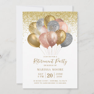 Retirement Gold Rose Gold Glitter Balloons Invitation