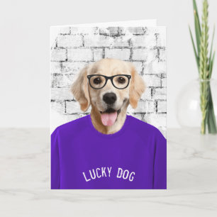 retirement golden retriever in purple t-shirt card