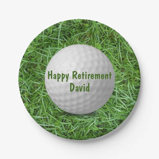 Retirement Golf Ball on Grass  Paper Plate (Front)