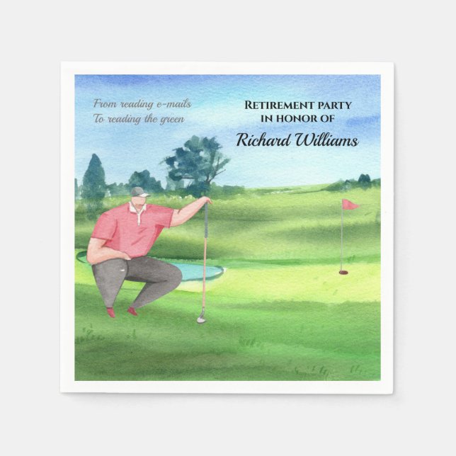 Retirement Golf Man Reading the Green Watercolor Napkin (Front)