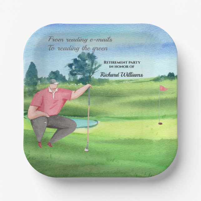 Retirement Golf Man Reading the Green Watercolor Paper Plate (Front)
