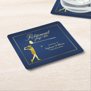Retirement Golf Party Classic Blue Golden Woman  Square Paper Coaster