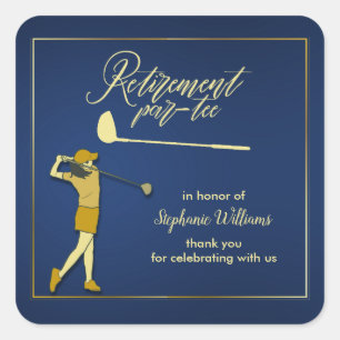 Retirement Golf Party Classic Blue Golden Woman  Square Sticker