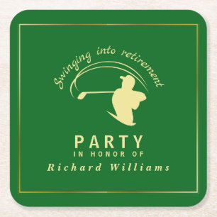 Retirement Golf Party Classic Green Golden Player  Square Paper Coaster