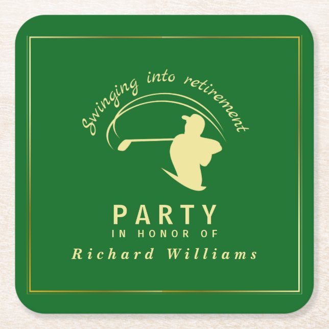 Retirement Golf Party Classic Green Golden Player  Square Paper Coaster (Front)