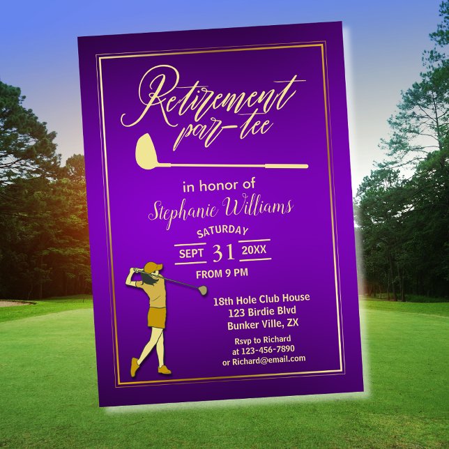 Retirement Golf Party Classic Purple Golden Woman  Invitation (Creator Uploaded)