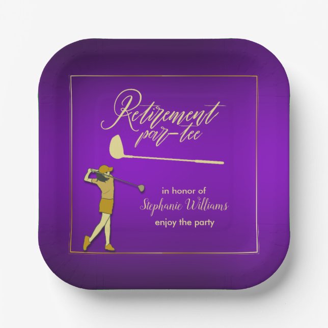 Retirement Golf Party Classic Purple Golden Woman Paper Plate (Front)