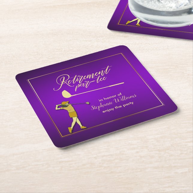 Retirement Golf Party Classic Purple Golden Woman Square Paper Coaster (Angled)