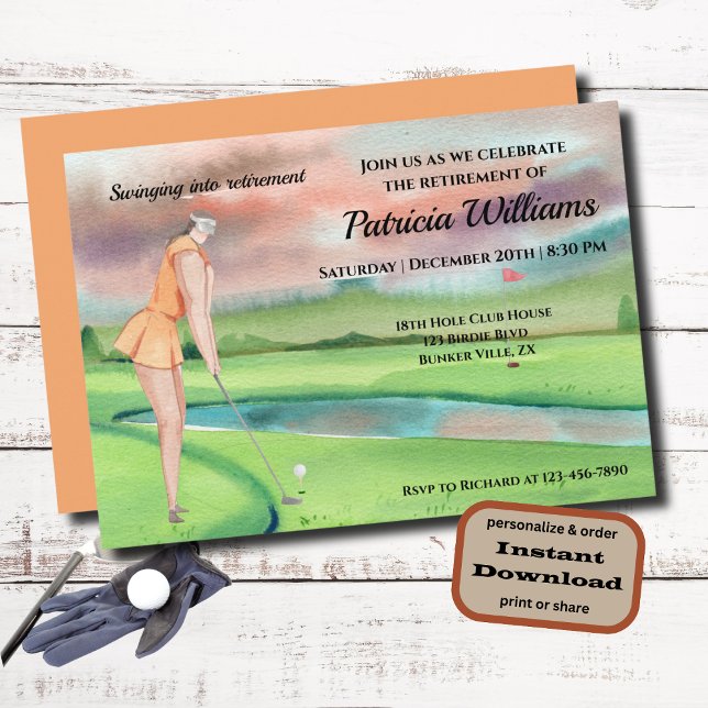 Retirement Golf Woman Swinging on the Green Invitation (Creator Uploaded)