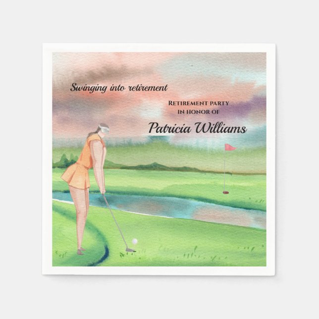 Retirement Golf Woman Swinging on the Green Napkin (Front)