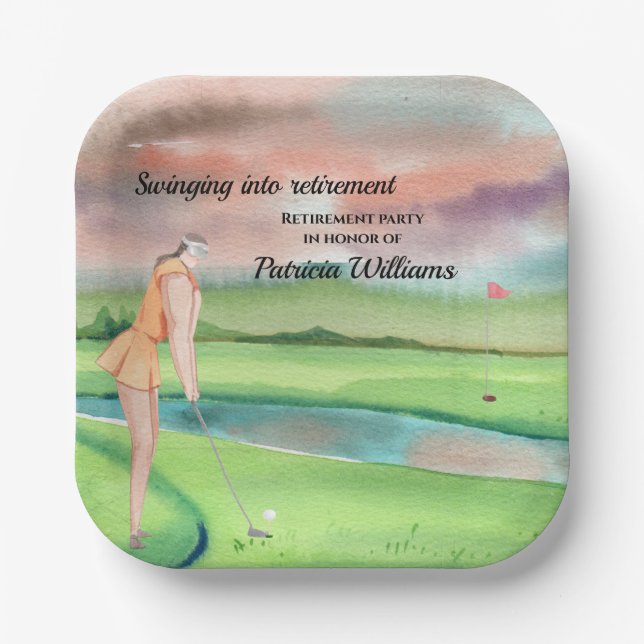 Retirement Golf Woman Swinging on the Green Paper Plate (Front)