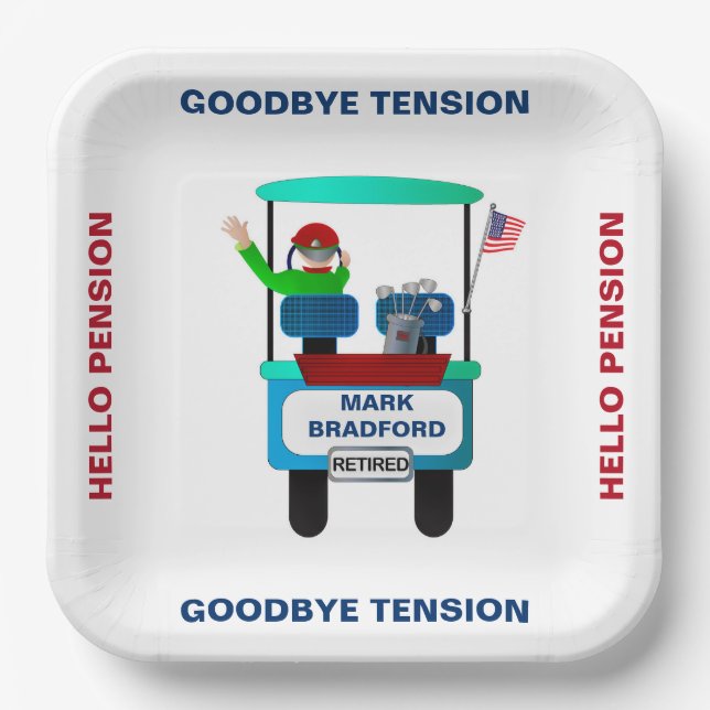 Retirement Golfer in Cart Waving Goodbye Tension Paper Plate (Front)