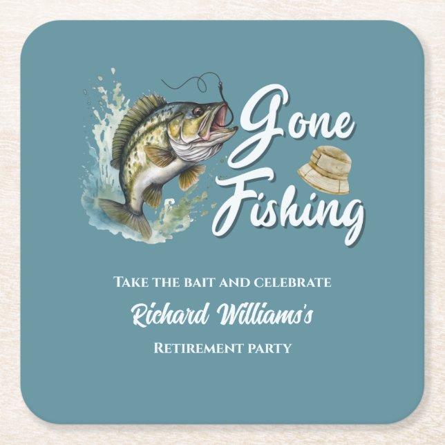 Retirement Gone Fishing Big Fish Retired Fisherman Square Paper Coaster (Front)