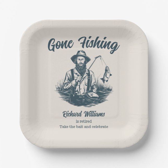 Retirement Gone Fishing Retired Fisherman Vintage Paper Plate (Front)