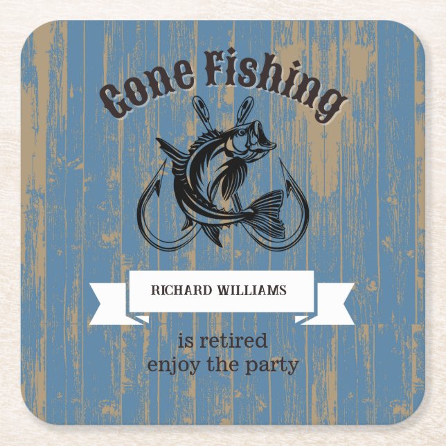 Retirement Gone Fishing Retired Rustic Wood Square Paper Coaster (Front)