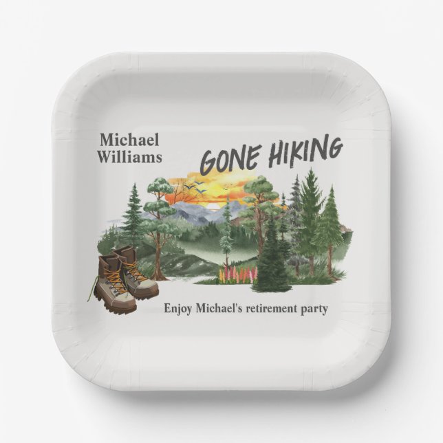 Retirement Gone Hiking to the Mountains Sunrise    Paper Plate (Front)