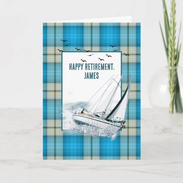 Retirement Heeling Sailboat On Plaid Card (Front)
