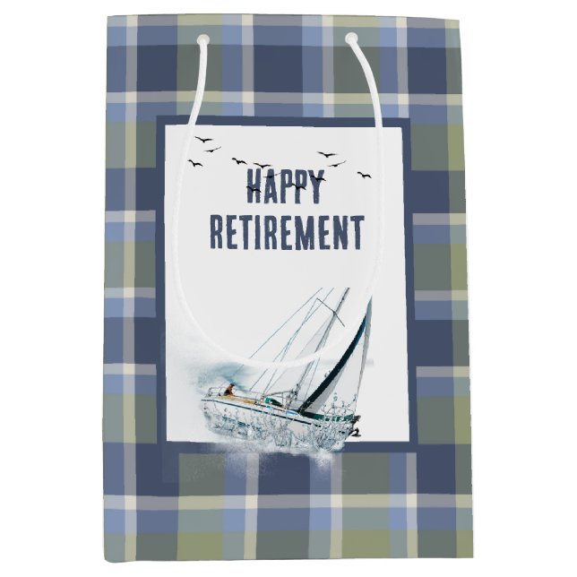Retirement Heeling Sailboat On Plaid Medium Gift Bag (Front)