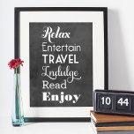 Retirement Inspiration Words | Black Typography Poster<br><div class="desc">Retirement gift wall art poster print design features words that spell RETIRE in stylish white type: "Relax,  Entertain,  Travel,  Indulge,  Read,  Enjoy" with "Wishing you a very happy retirement" text.  Background has a textured black chalkboard appearance.</div>