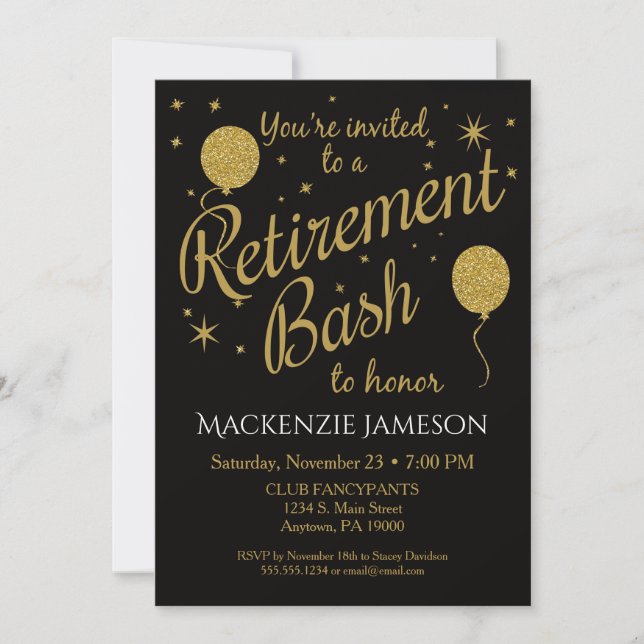Retirement Invitation Festive Party Gold Balloons (Front)