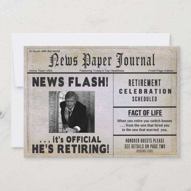 Retirement Invitation-NewspaperPHOTO/ Personalise Invitation (Front)