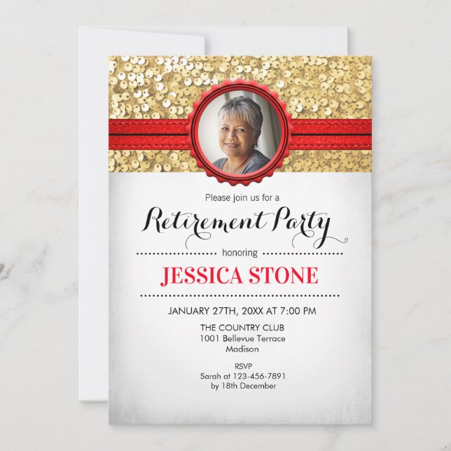 Retirement Invitation With Photo - Red Gold White (Front)