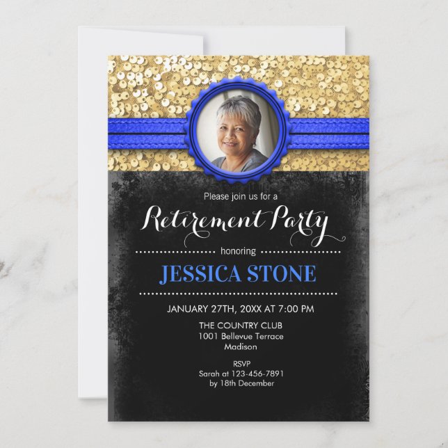 Retirement Invitation With Photo - Royal Blue Gold (Front)