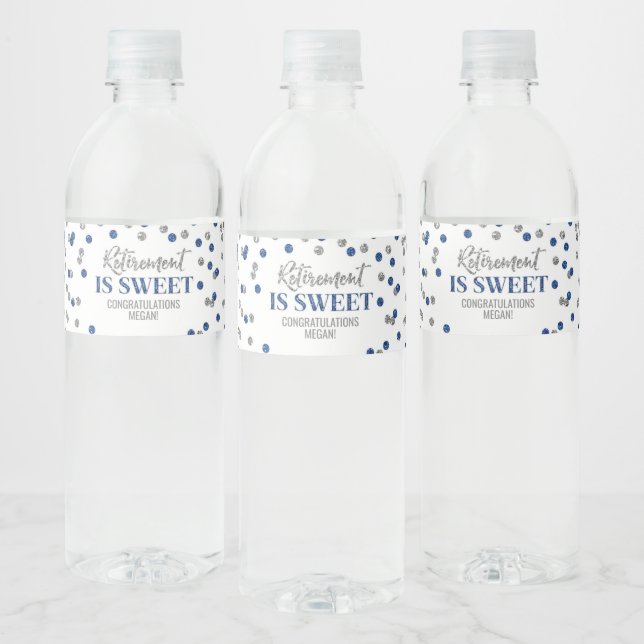 Retirement is Sweet Blue Silver Confetti Water Bottle Label (Bottles)