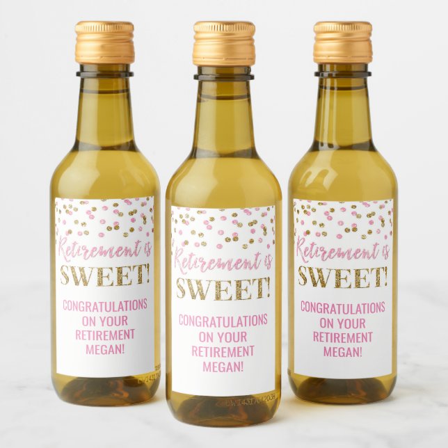 Retirement is Sweet Pink Gold Confetti Wine Label (Bottles)