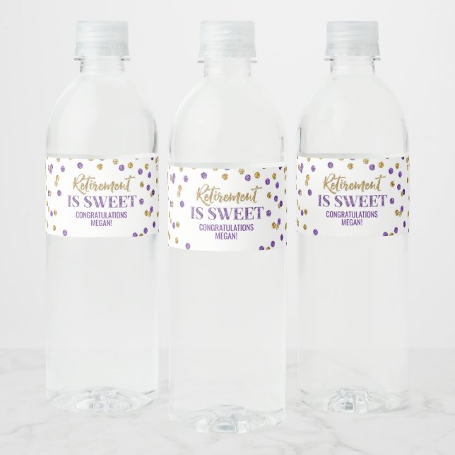 Retirement is sweet Purple Gold Confetti Water Bottle Label (Bottles)