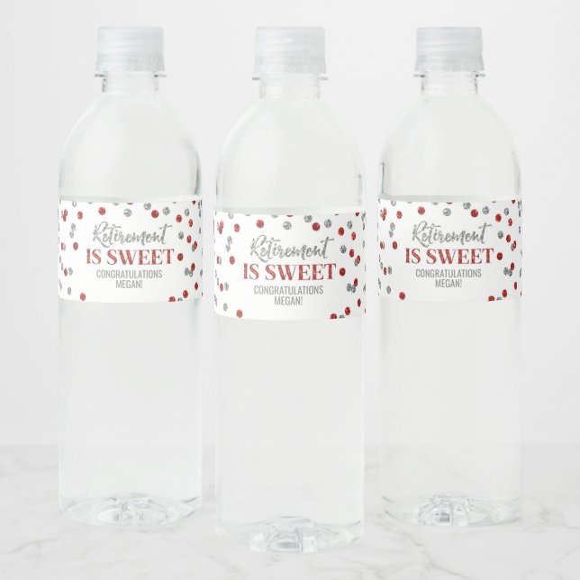 Retirement is Sweet Red Silver Confetti Water Bottle Label (Bottles)