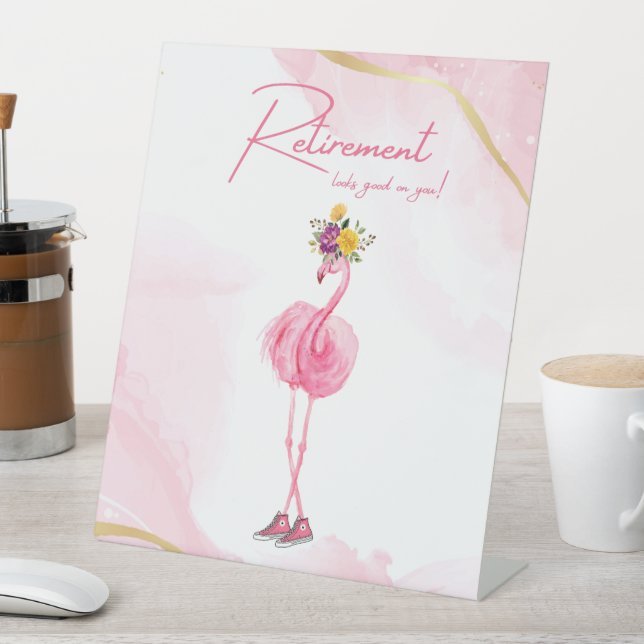 Retirement looks good on you! Flamingo in Sneakers Pedestal Sign (In SItu)