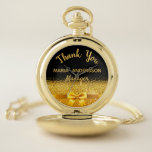 Retirement Manager black gold bow thank you Pocket Watch<br><div class="desc">Elegant,  classic,  glamourous and feminine. A gift for a retired Manager.  A faux gold coloured bow and ribbon with golden glitter and sparkle,  a bit of bling and luxury. Black background. With the text: Thank You,  templates for a name and occupation,  profession.</div>