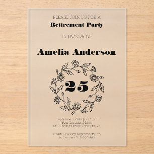 Retirement modern flower black acrylic invitations