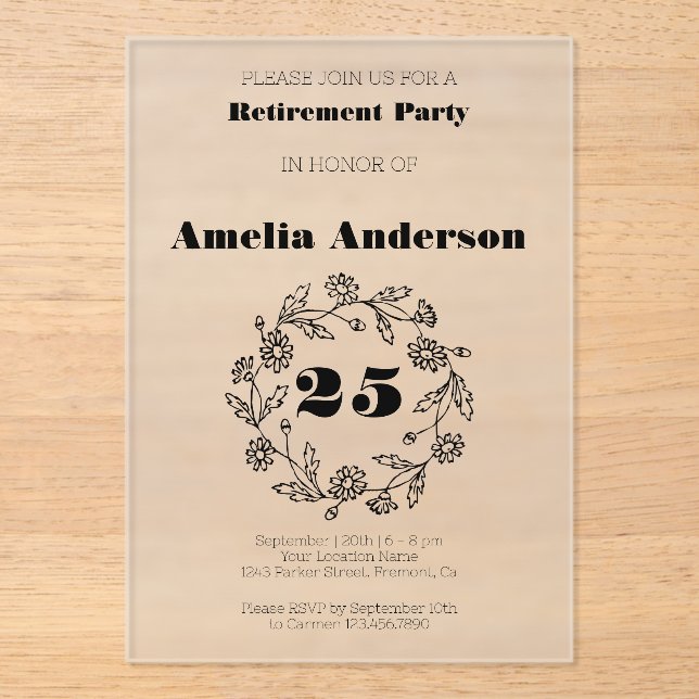Retirement modern flower black acrylic invitations (Front)